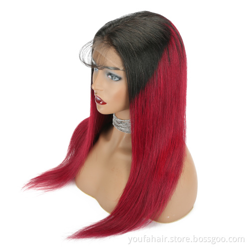 Factory Price Brazilian Virgin Human Hair Red Wine Ombre Color 1b/burgundy 4x4 Transparent HD Lace Closure Wigs for Black Women